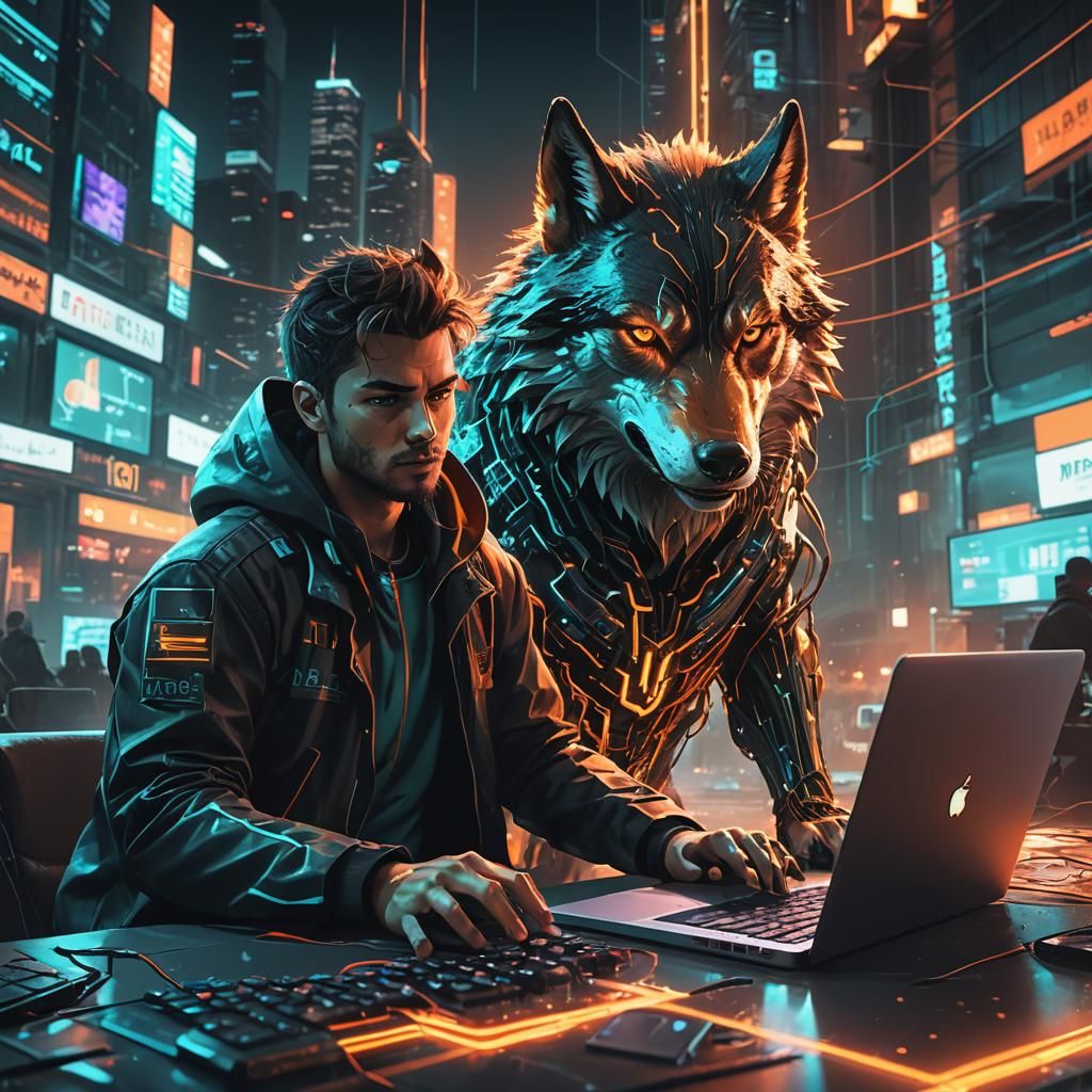 Hacker Wolf in Cyberpunk Cityscape, Digital Art