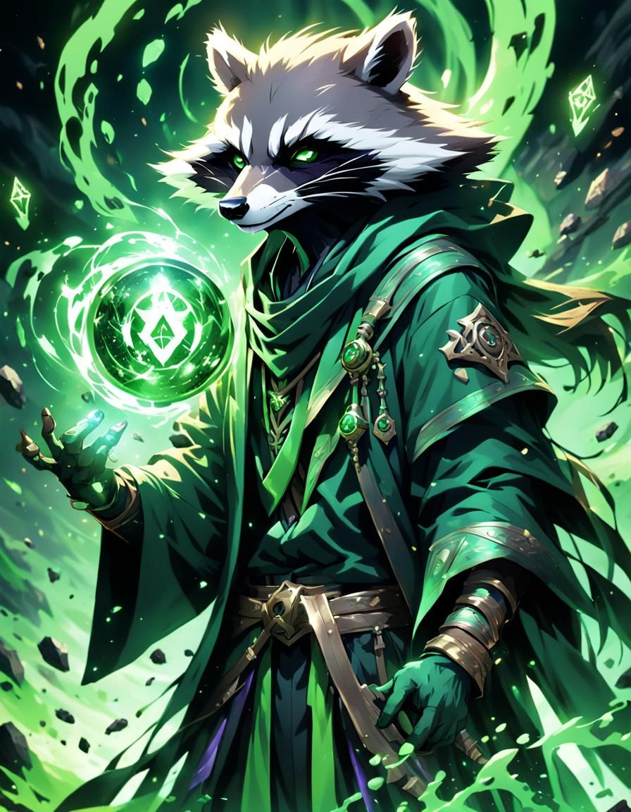Humanoid Racoon Warlock in Anime Art Style