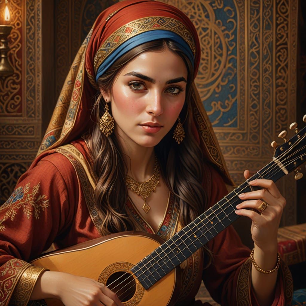 Beautiful Woman with Lute in Painterly Style
