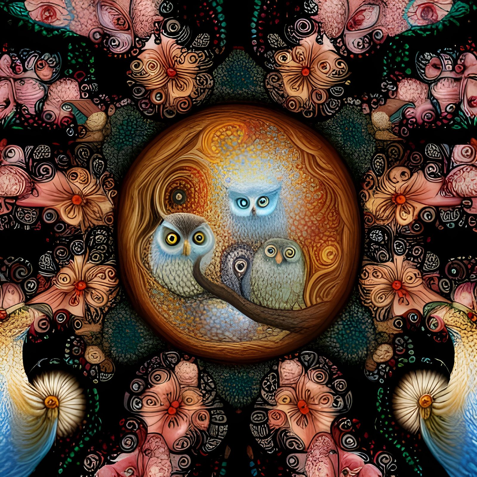 Fractal-Eyed Phoenix Owl Babies in Blossom Garden