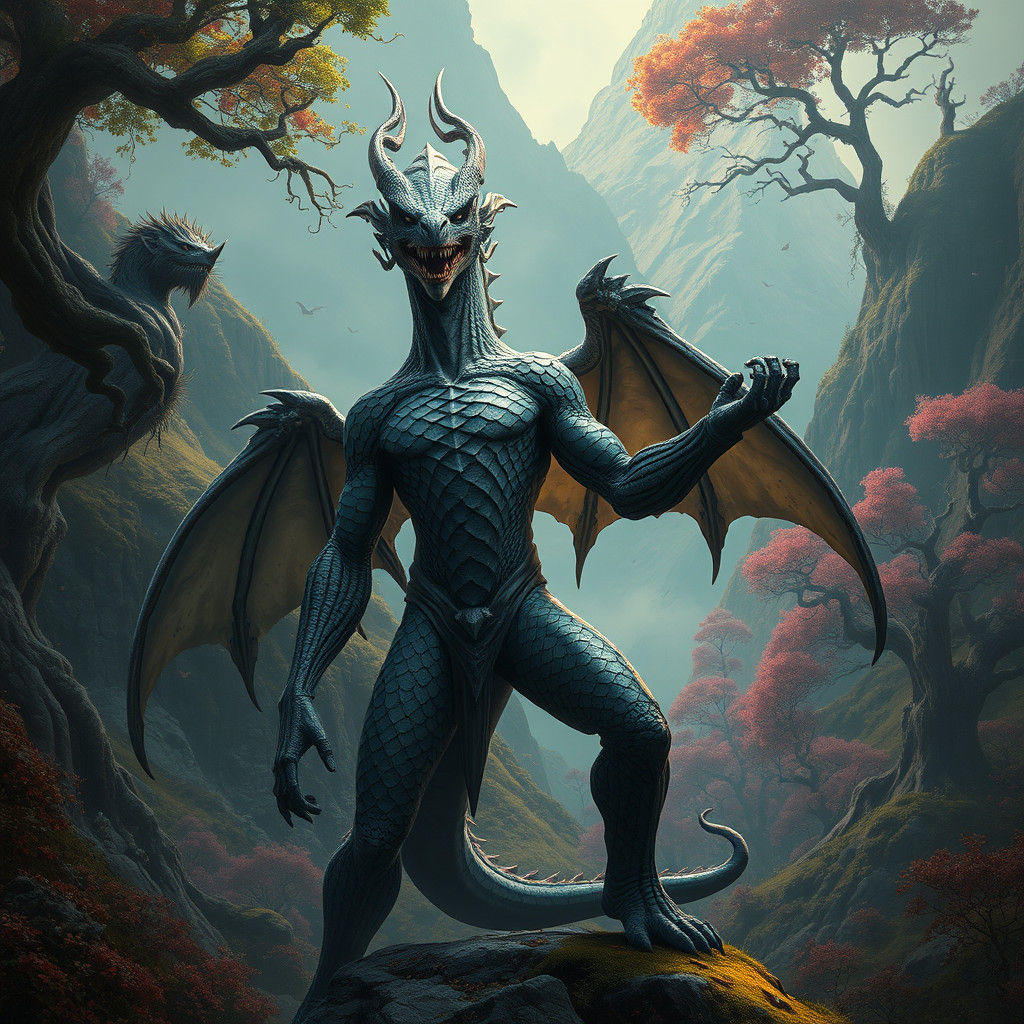 Dragon-like Humanoid in Mystical Realm Concept Art