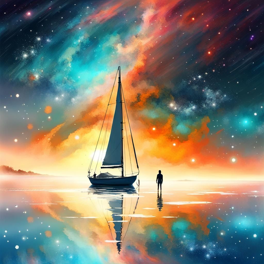 Cosmic Seascape: Lonely Sailboat in Nebula Sky