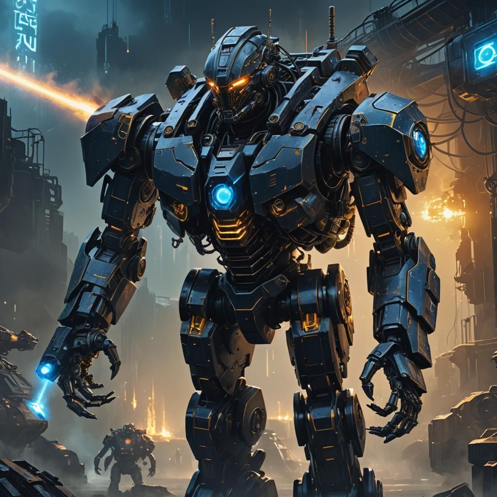 Giant Armored Robotic Exoskeleton in Cyberpunk Style