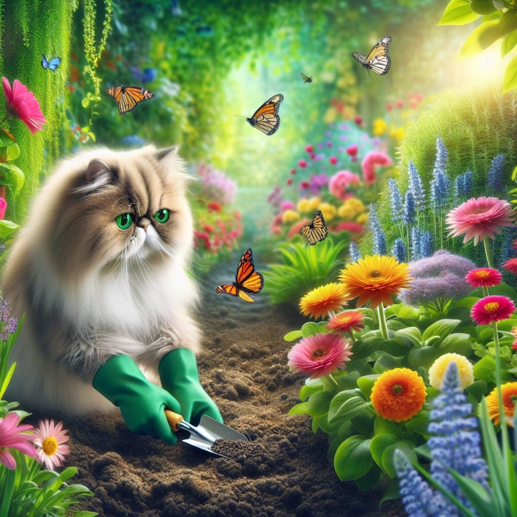 Persian Cat Gardening in a Verdant Flower Garden
