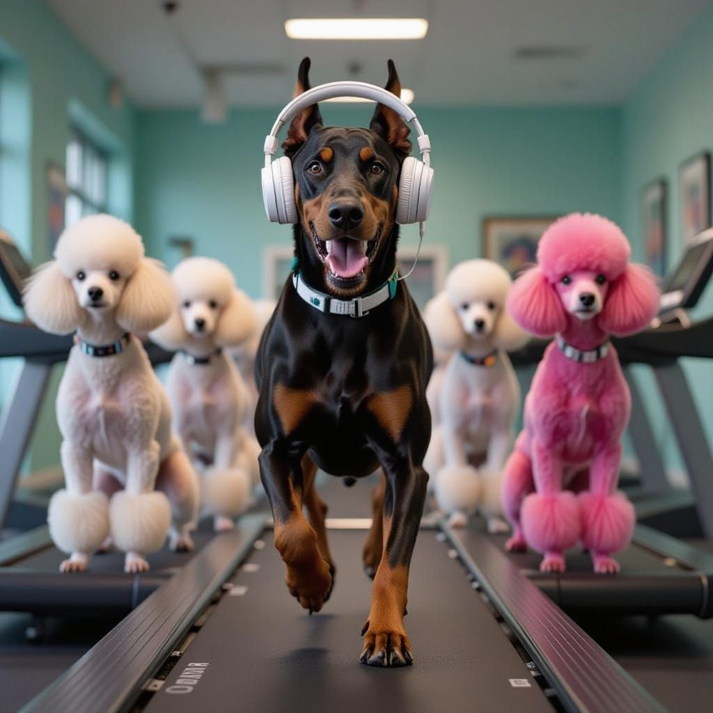Muscular Doberman Athlete Runs on Treadmill in Whimsical Gym...