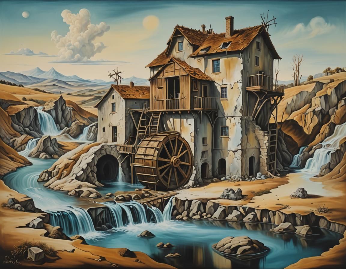 Surreal Water Mill in Dali Style