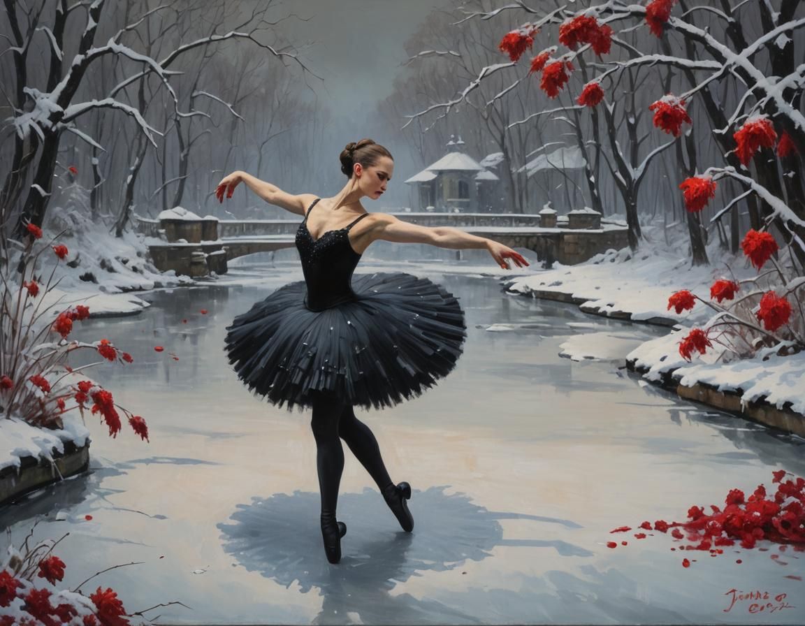 Black Swan Ballerina in Snowy Russian Theatre