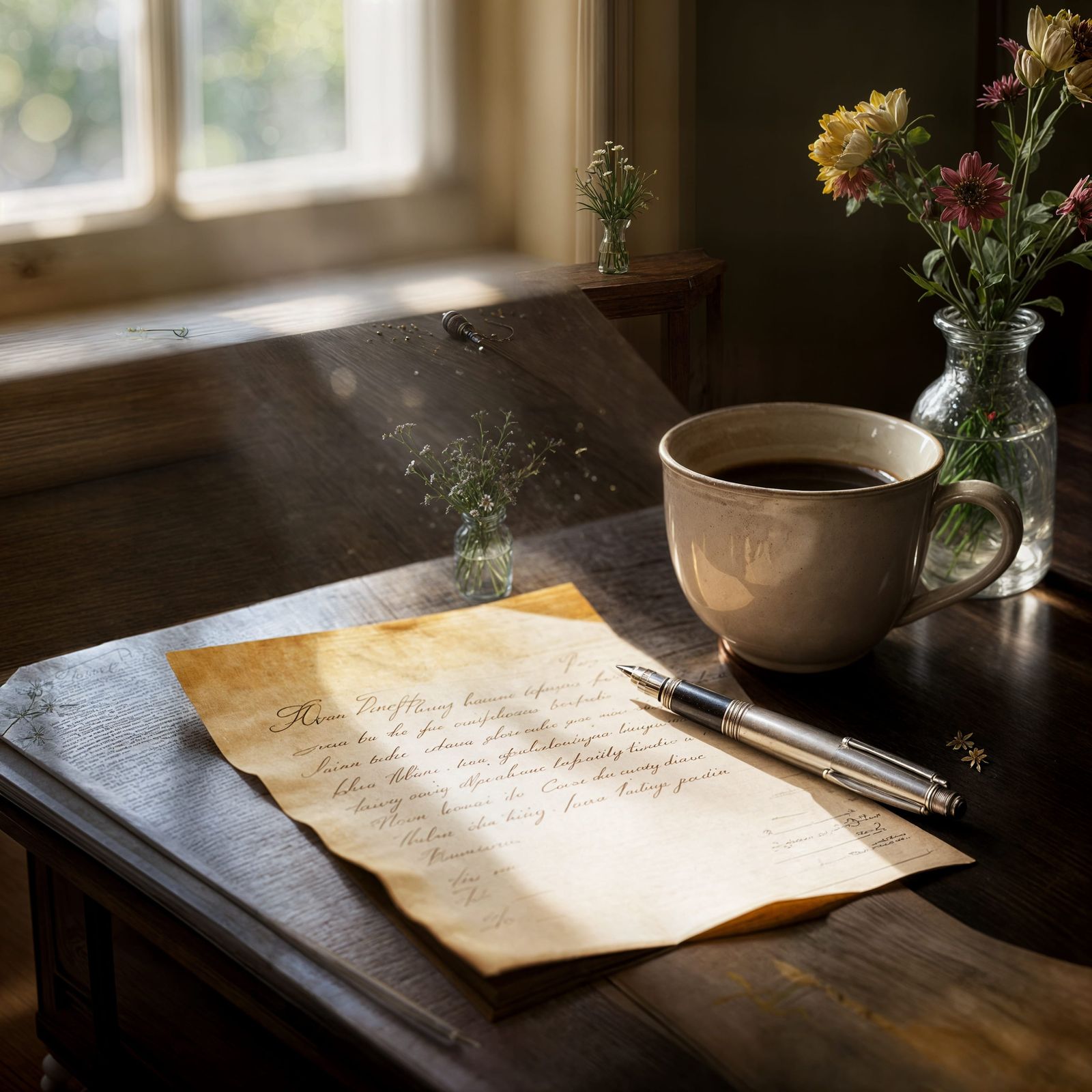 Vintage Room Photography: Letter, Pen, and Faded Flowers
