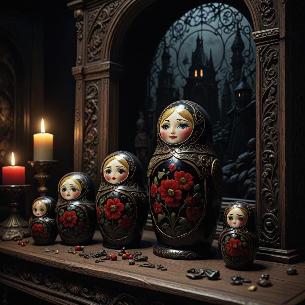 Elegant Gothic Matryoshka Dolls in Dark, Mystical Living Roo...