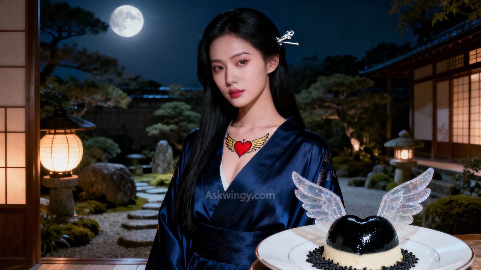 Beautiful Woman in Silk Kimono in Moonlit Zen Garden
