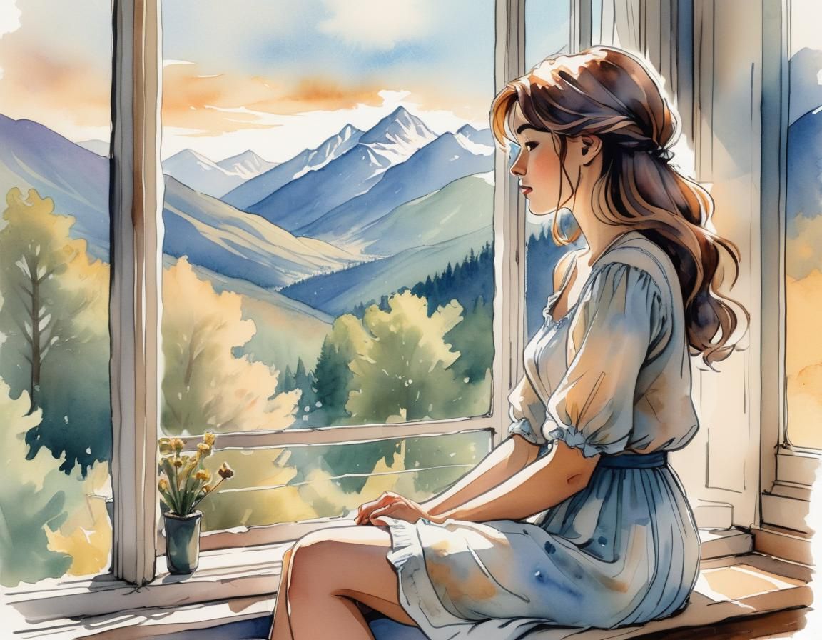 Girl Gazing at Mountain View in Watercolor Comic Art