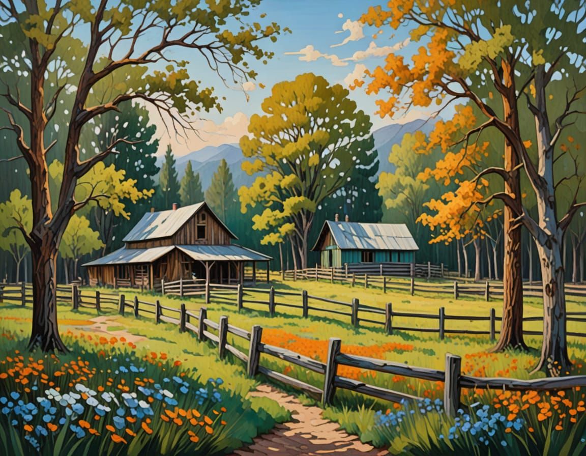 Serene Oil Painting of Rustic Ranch with Wooden Corral in Vi...