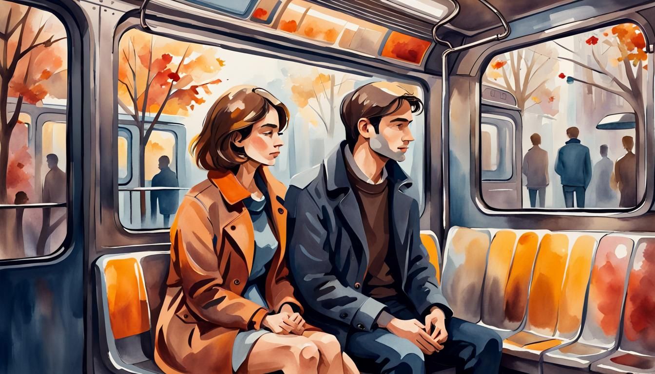 Couple in Subway Car, Watercolor Autumn Morning