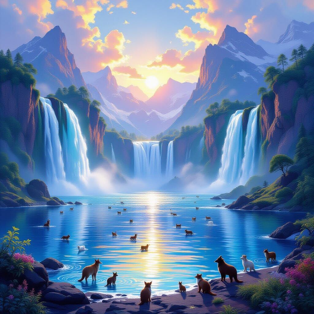 Vibrant Fantasy Waterfall Landscape with Animals