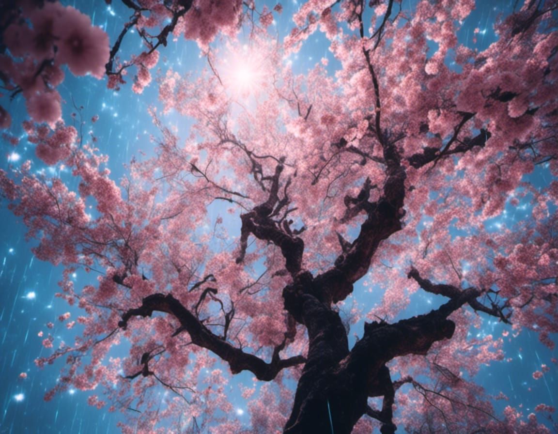 Cherry Tree with Blue Blossoms and Glowing Lights