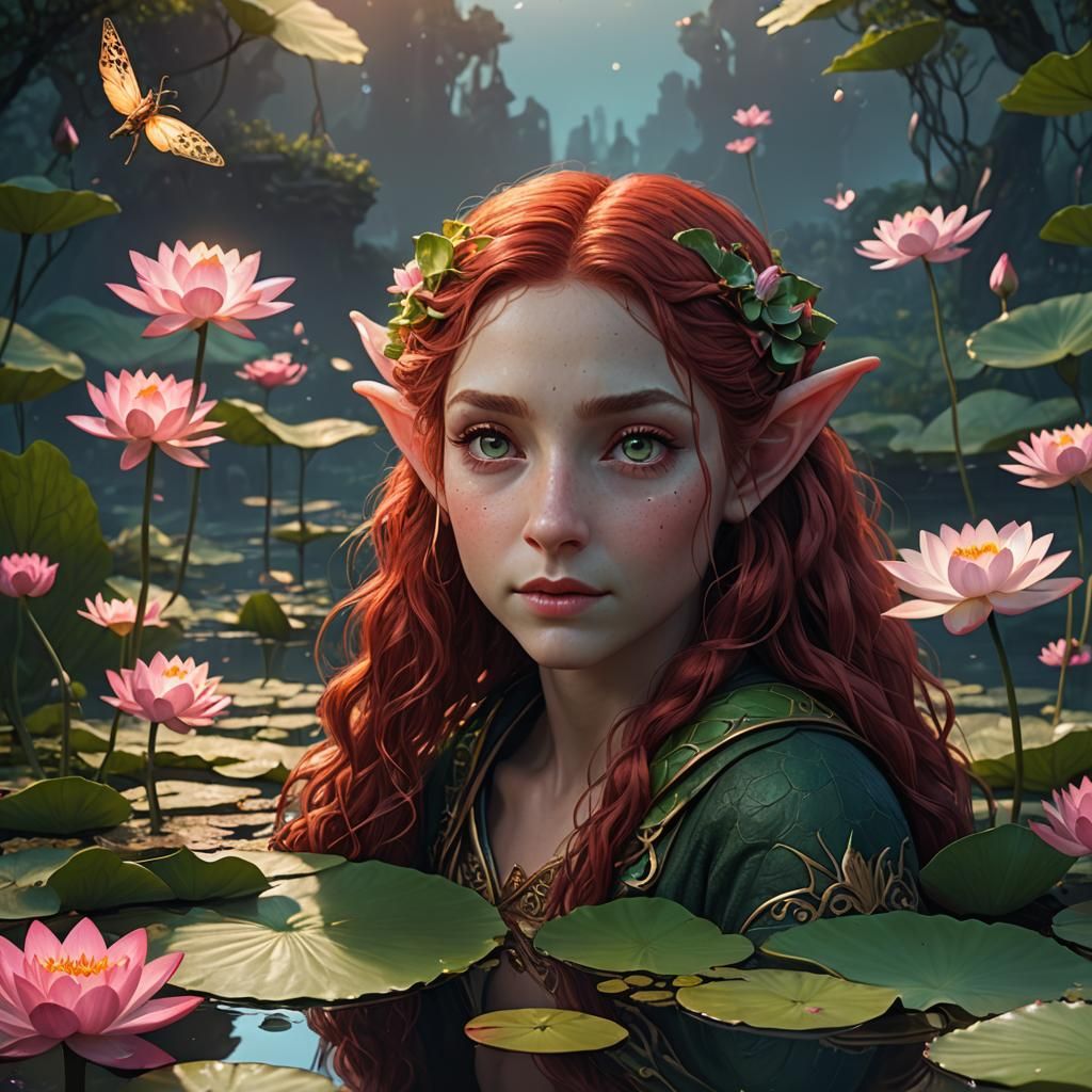 Contemplative Elf Fairy on Lilypad at Twilight