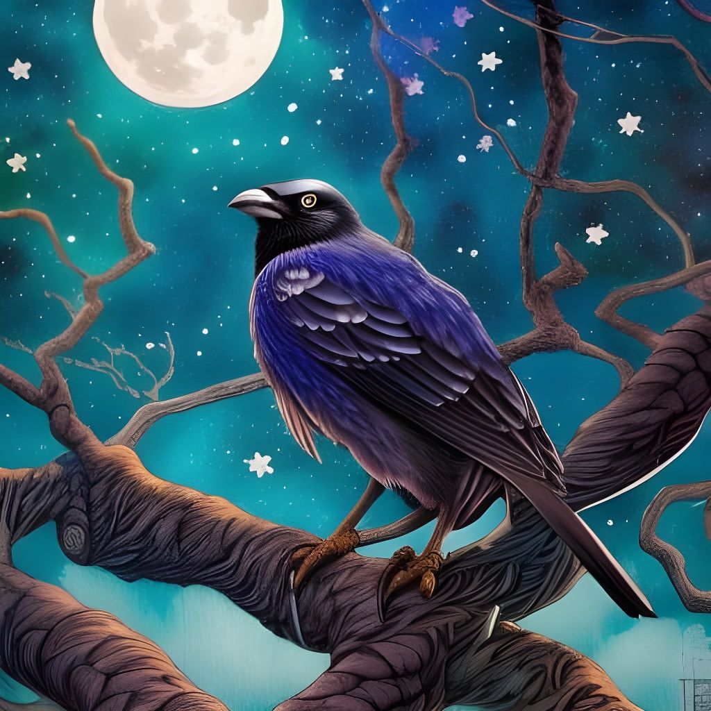 Crow in Tree Under Moon: Japanese Art Style