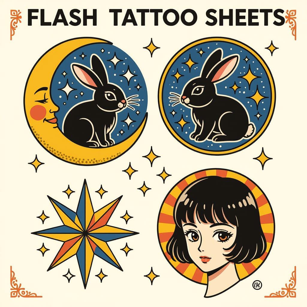 Celestial Flash Tattoo Sheet in Traditional Style