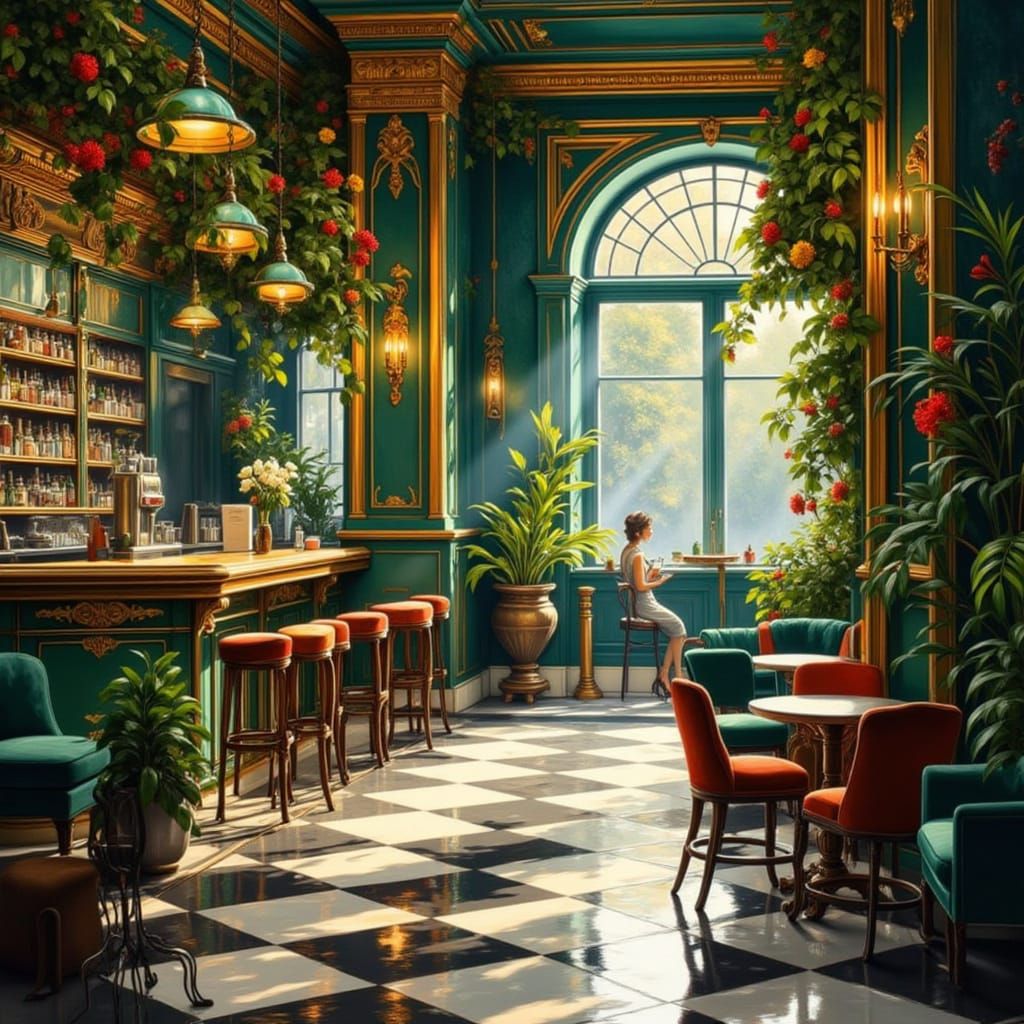 Elegant Sunlit Cafe Interior with Lush Green Walls and Gold ...