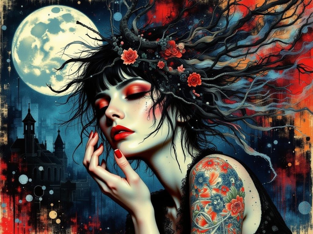 Surreal Goth Woman in Abstract Ink Style