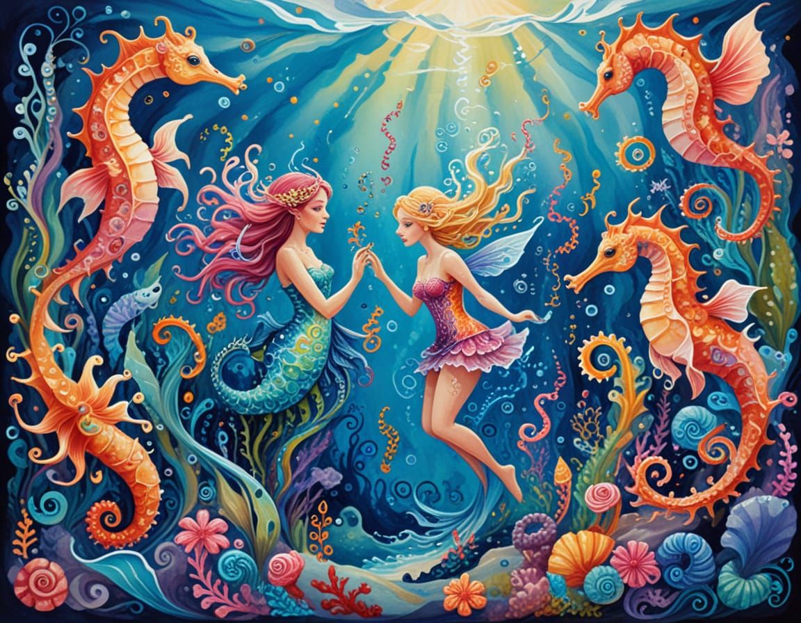 Vibrant Sea Fairy with Seahorses in Gouache Style