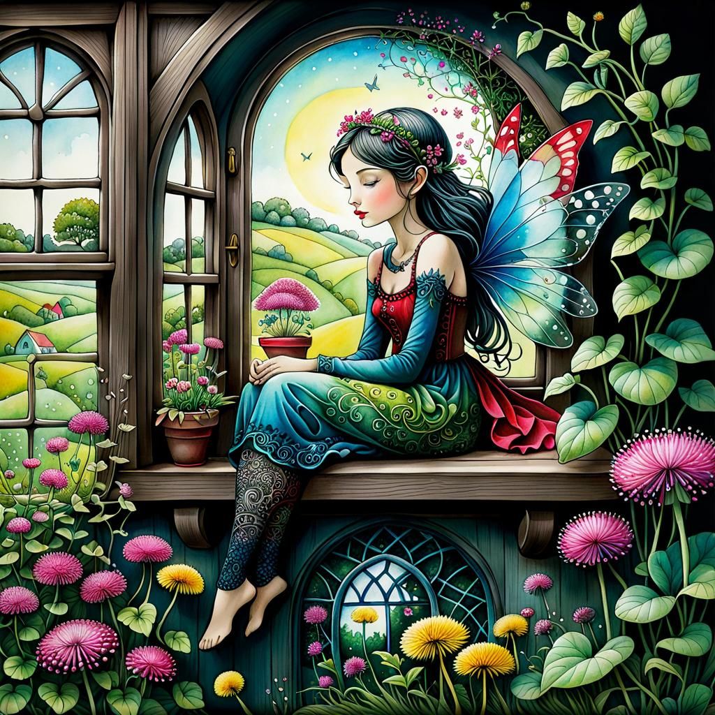 Fairy on Cottage Windowsill in Surreal Folk Art