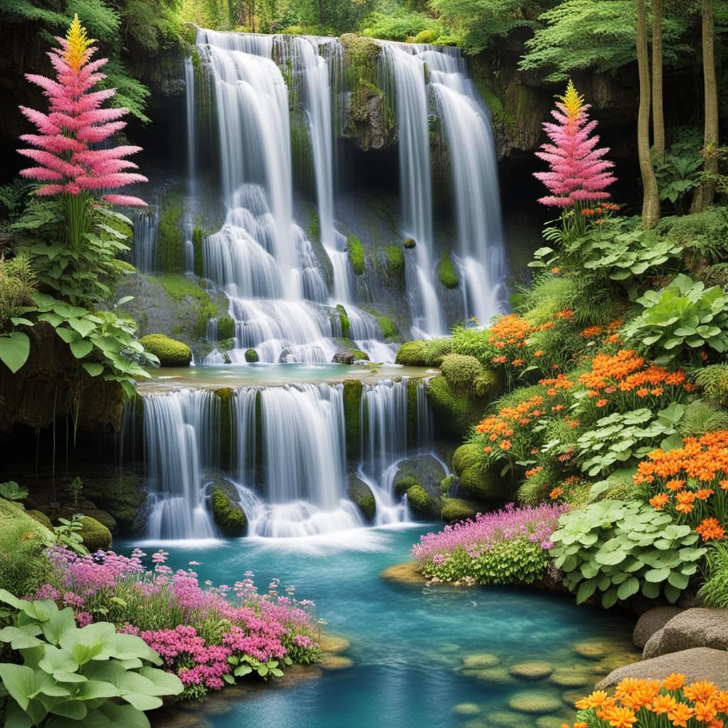 Majestic Waterfall Flowing into Crystal Pool