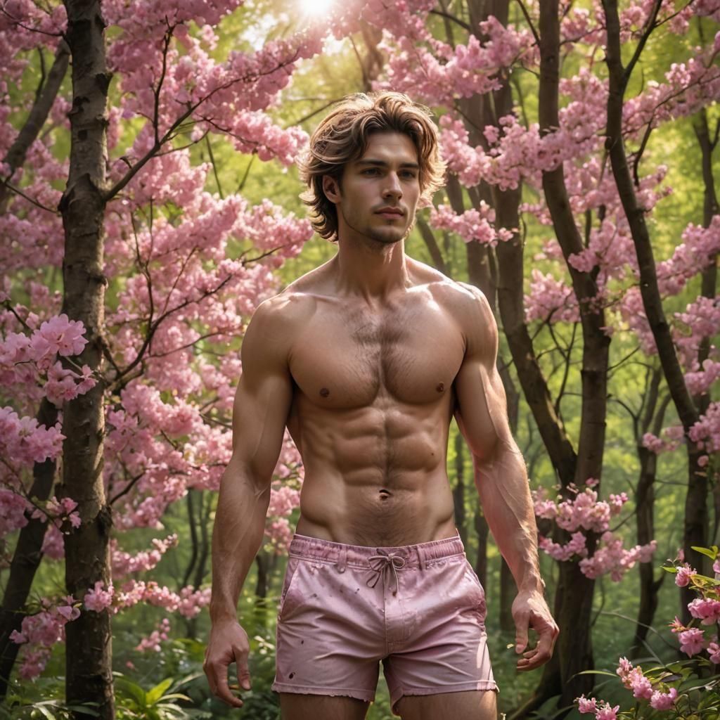 Young Man in Forest with Blossoming Trees