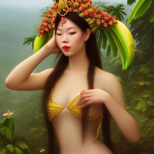 Banana Crowned Woman in Summer Glow, Ethereal Portrait