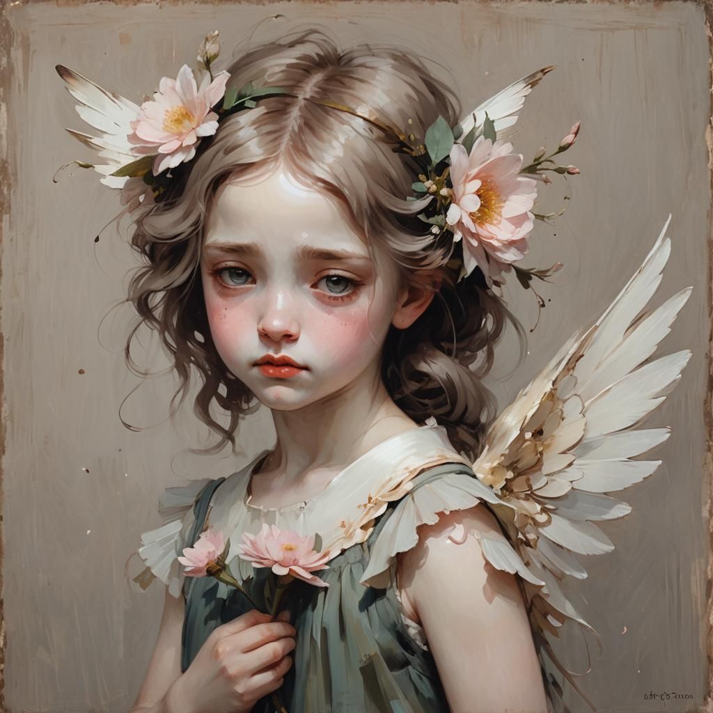 Mournful Girl with Wings: WLOP Painting Style