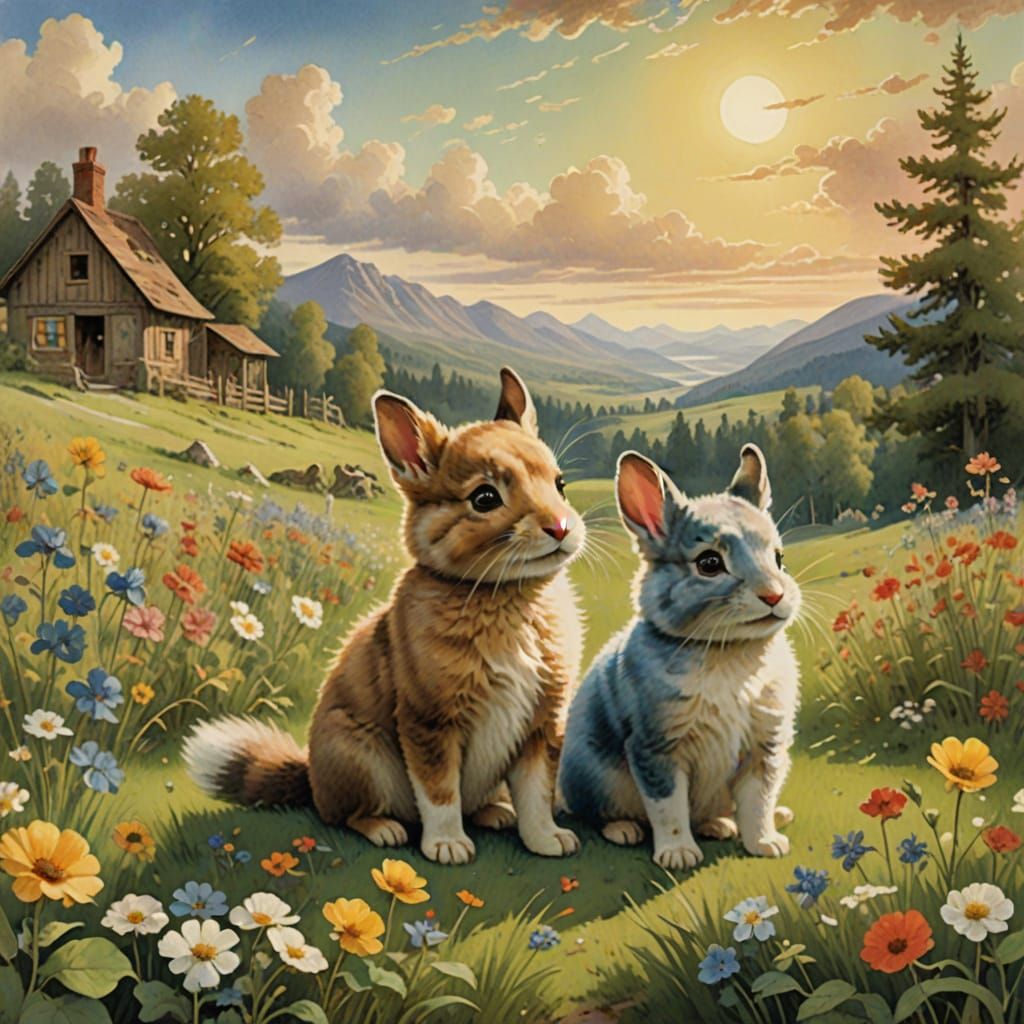 Fluffy Puppies Engage in Whimsical Meadow Brawl