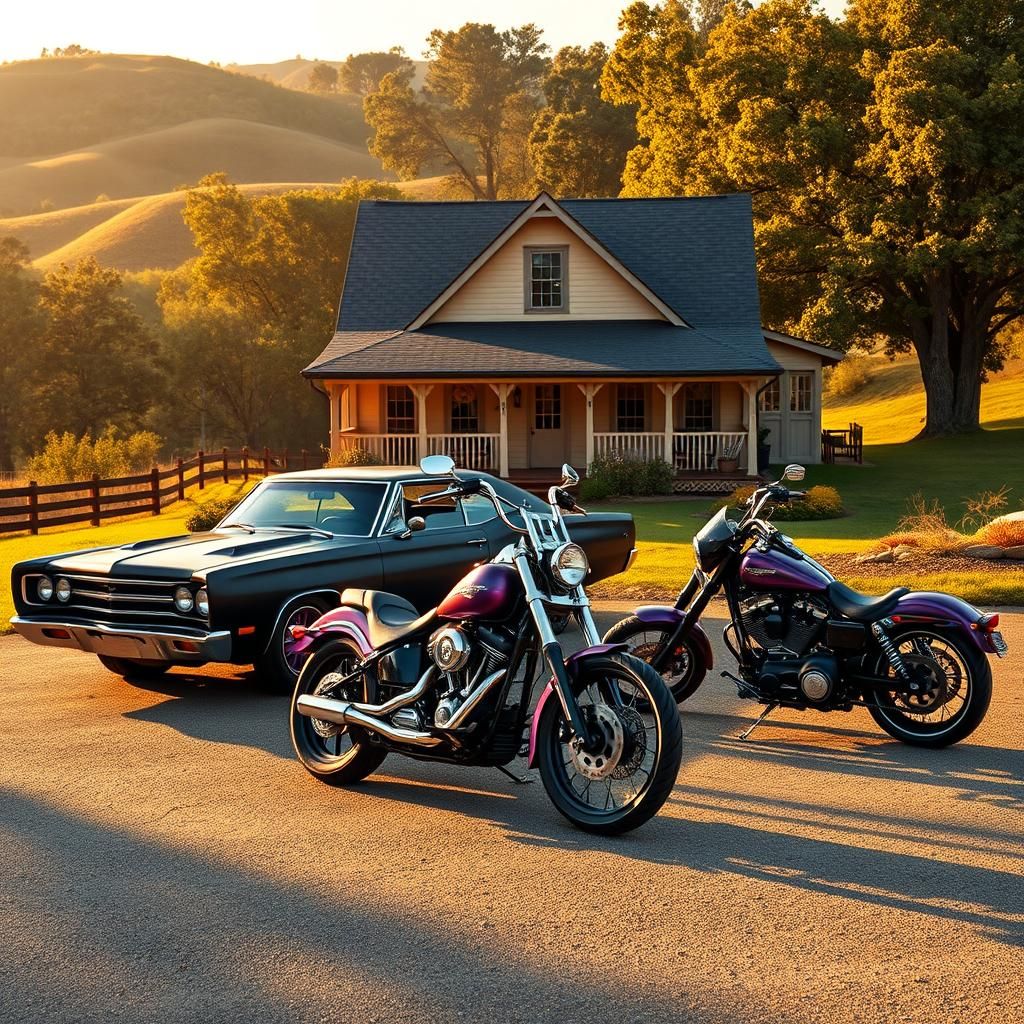 Classic Cars and Motorcycle in Hyperrealistic Style