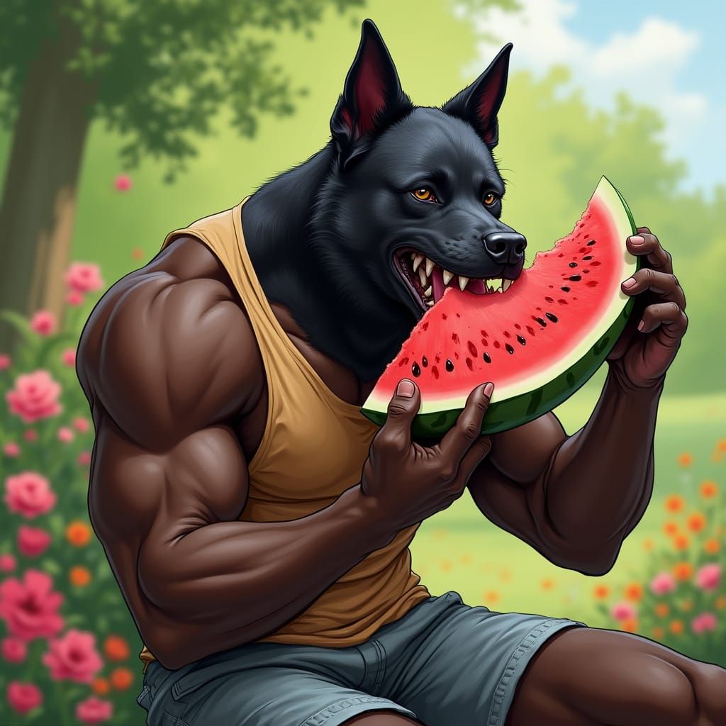 Muscular Man-Dog Enjoys Juicy Watermelon in Vibrant Summer