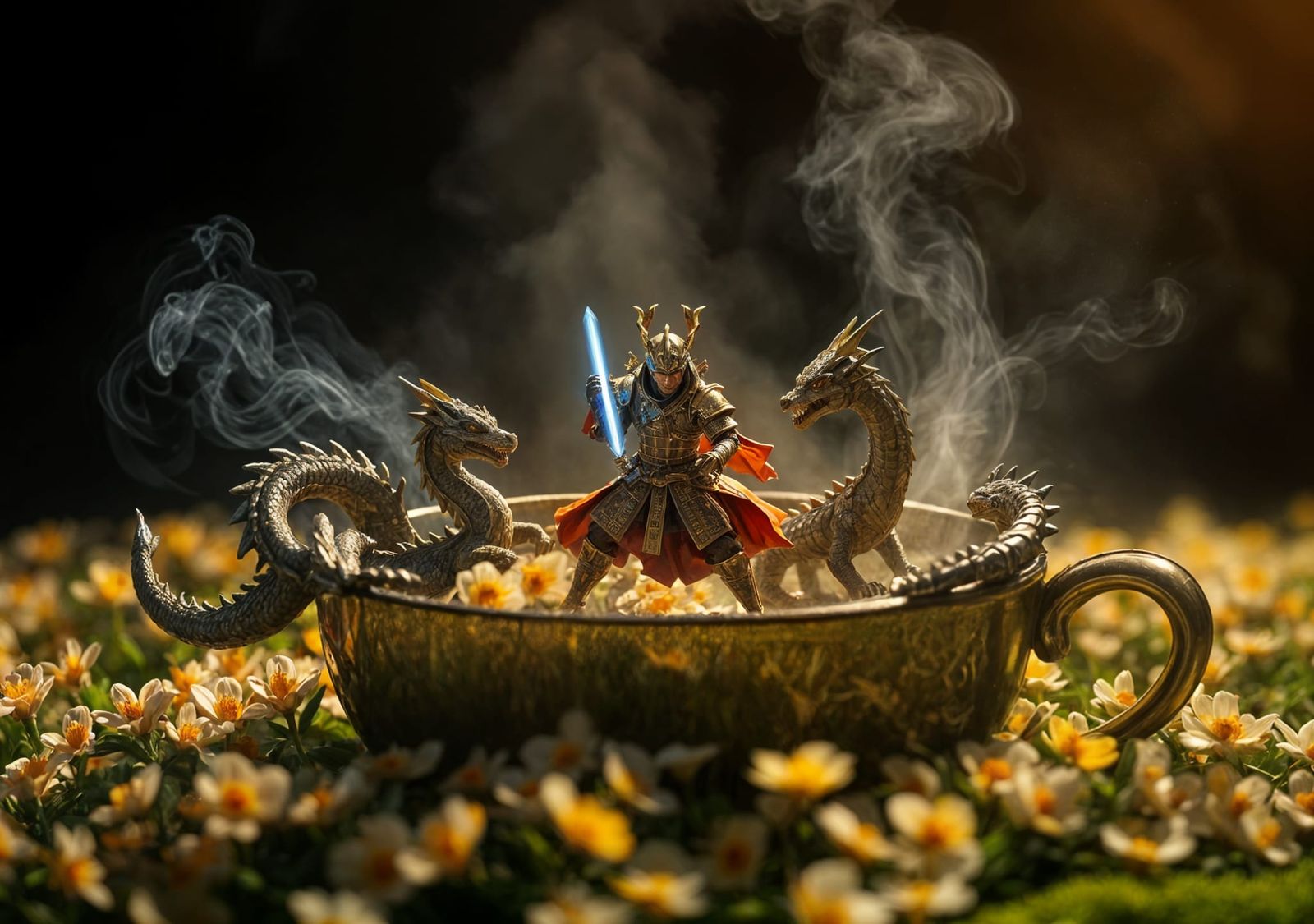 Samurai Battles Dragons in Teacup: Cinematic Scene