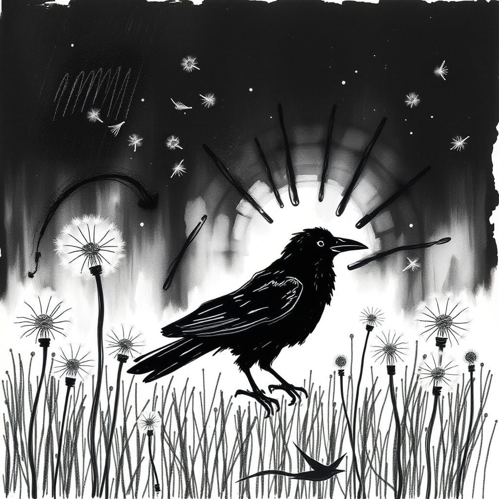 Surrealist Dandelion Field in Whimsical Crayon Drawing