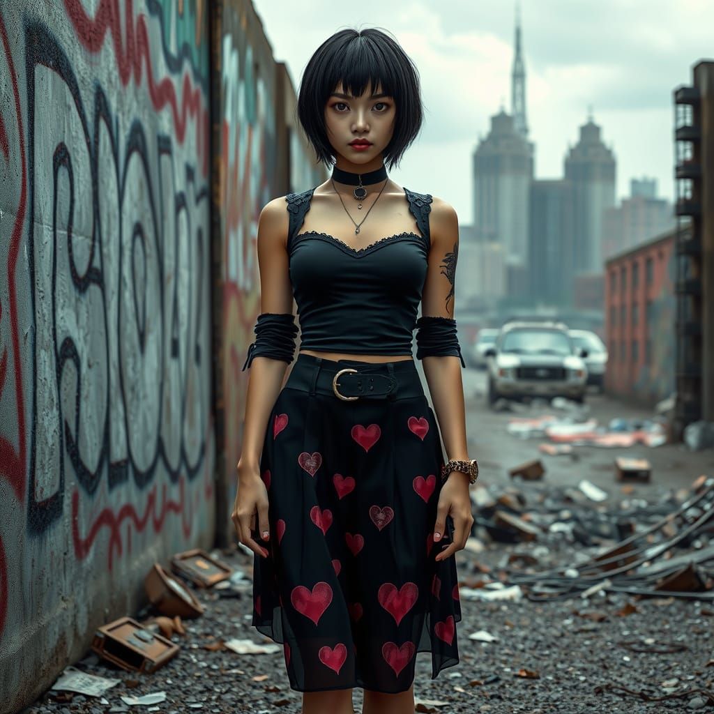 Thai Woman in Yami Kawaii Style in Post-Apocalyptic Cityscap...