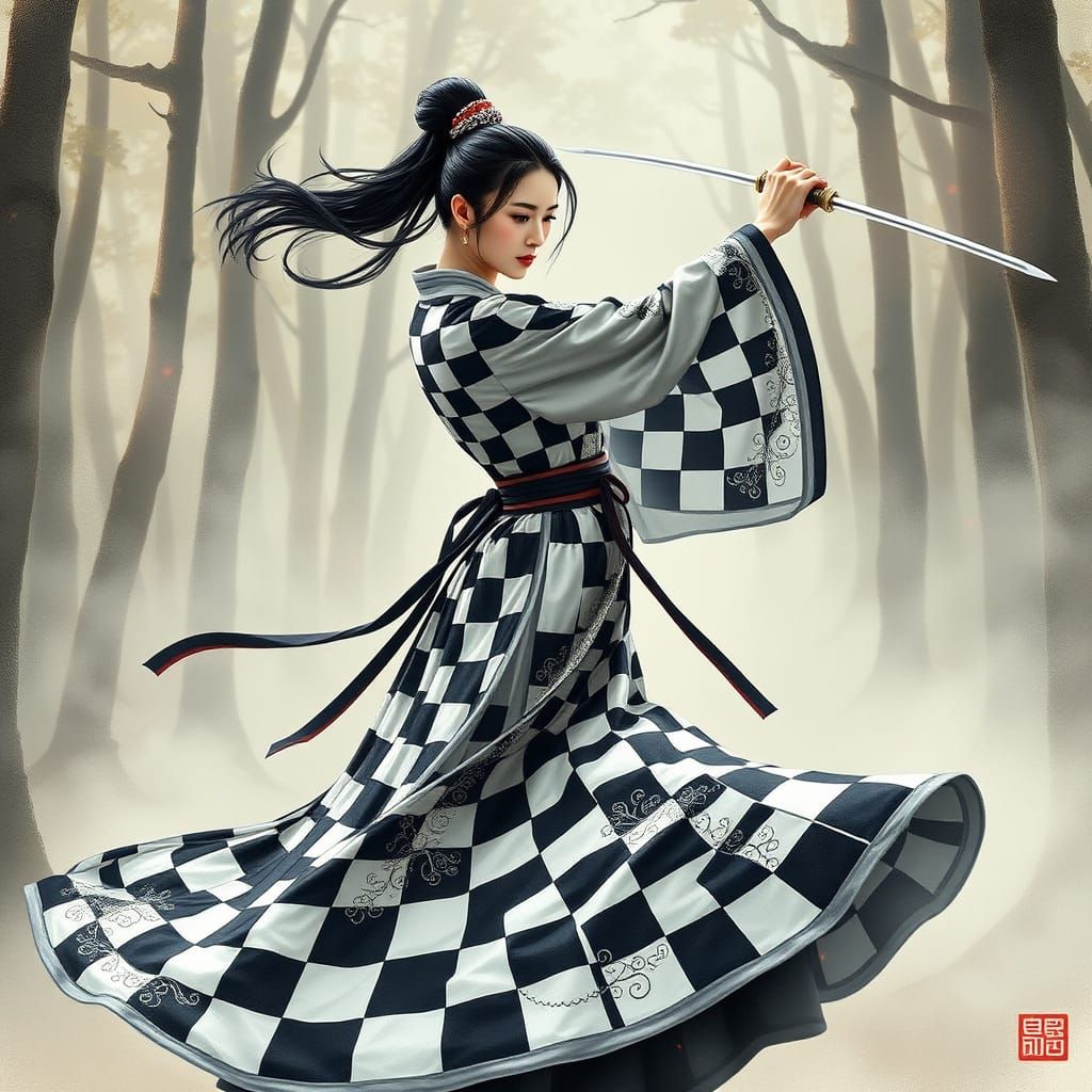 Korean Woman Sword Dance in Misty Forest, Brushstroke Art