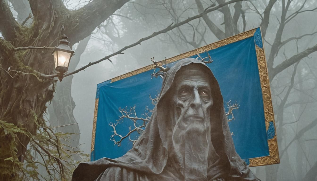 Eerie Figure in Misty Forest: A Surreal Dark Fantasy