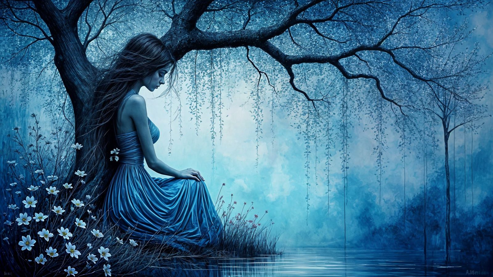 Dreamy Woman in Blooming Forest