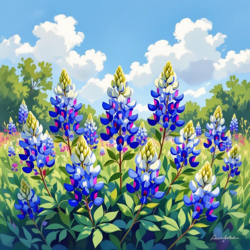 Bluebonnet Flowers in Watercolor Garden Scene