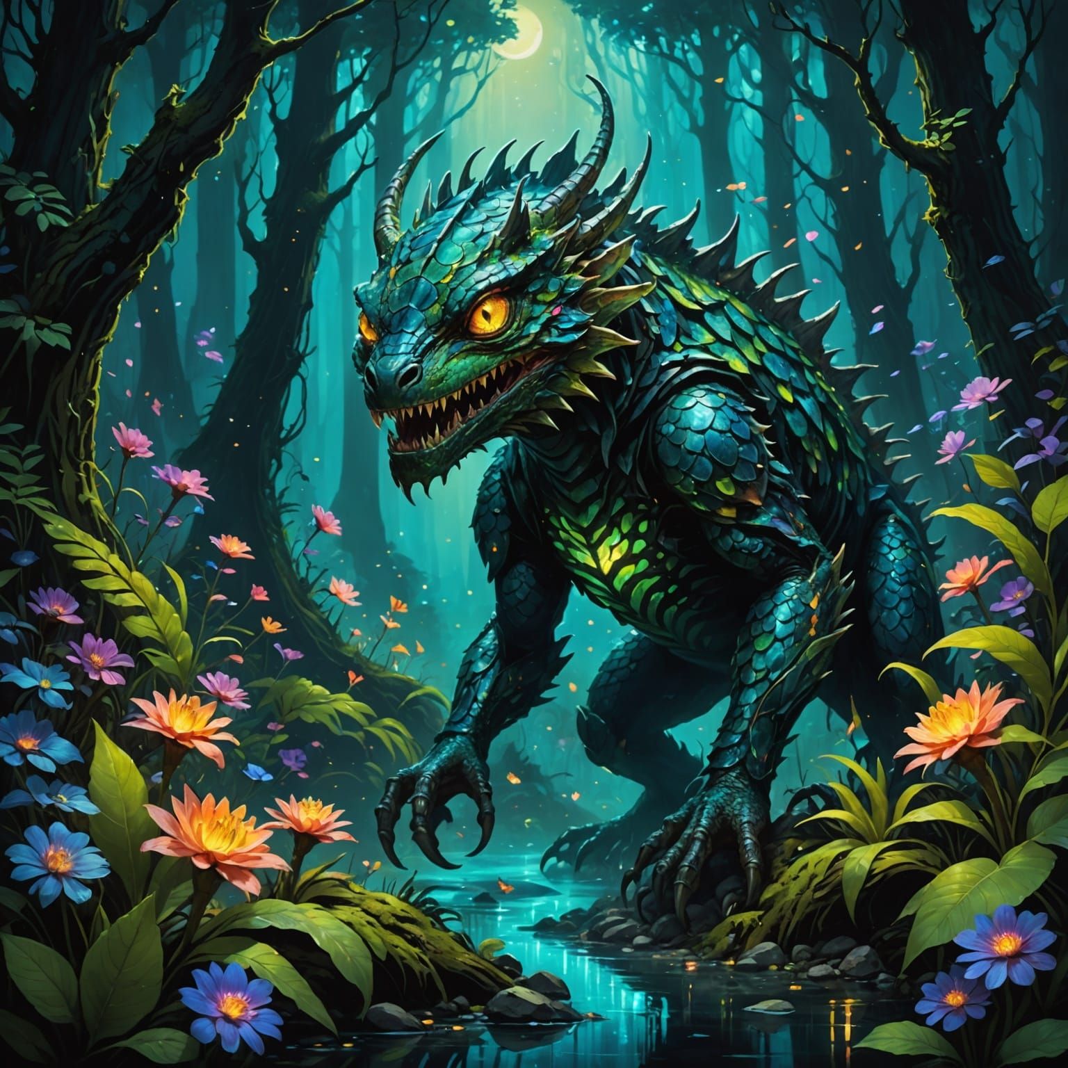 Bioluminescent Forest Lurker in Fantasy Art Style