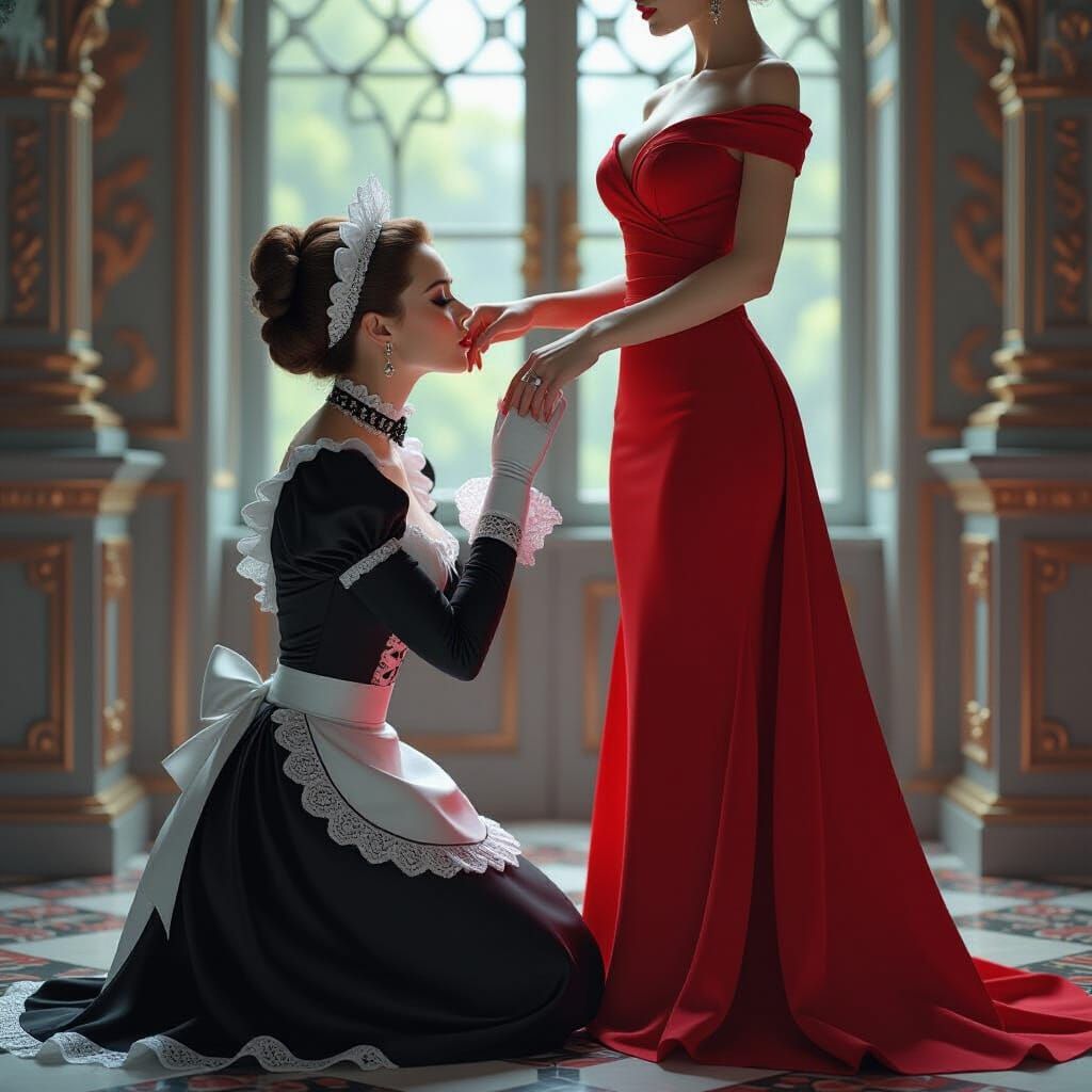 French Maid Kneels to Headmistress in Fantasy Art