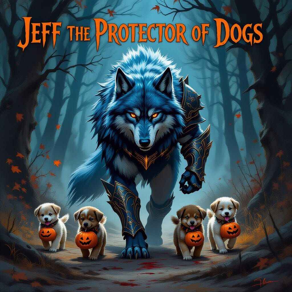 Cerulean Wolf in Armor with Puppies and Pumpkins