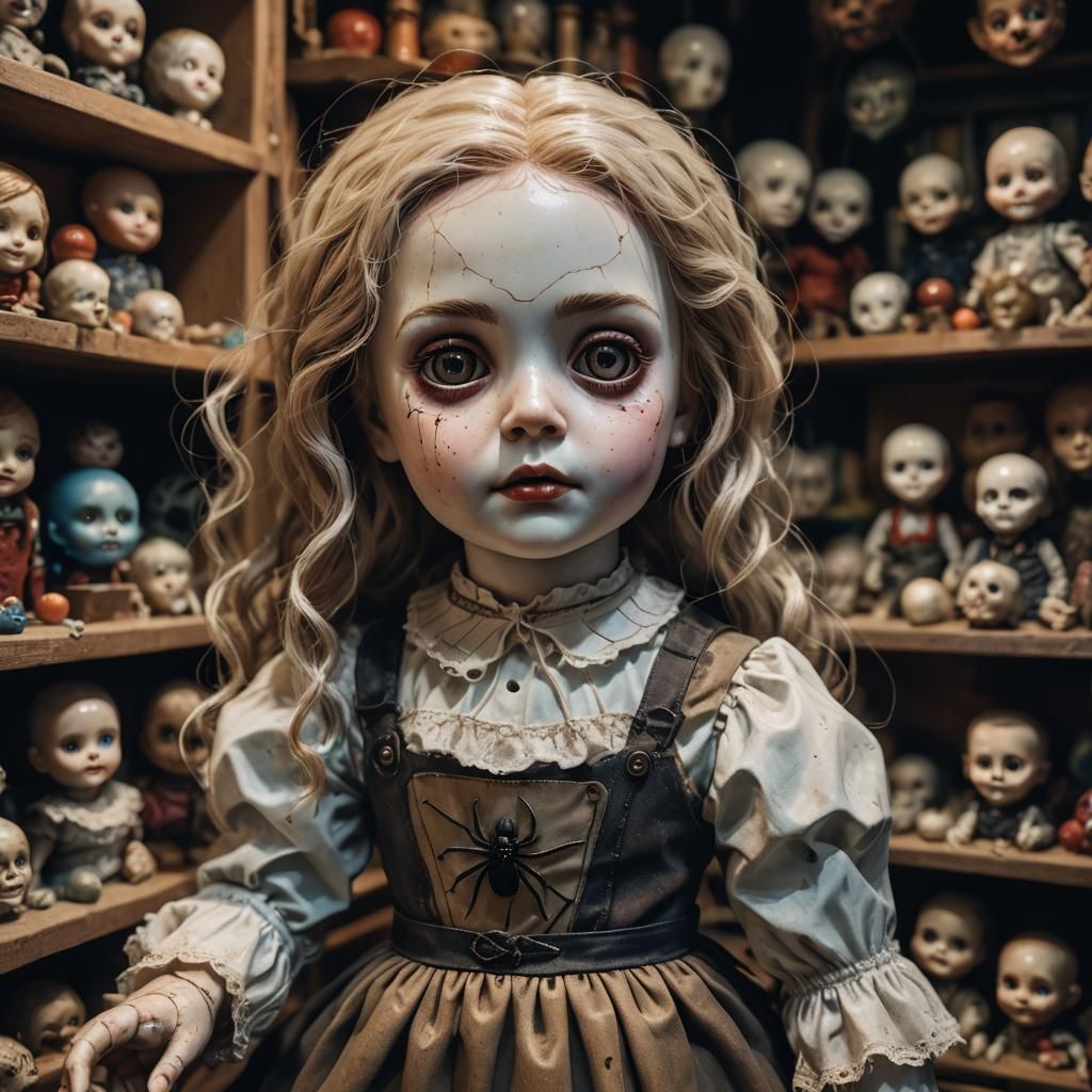 Eerie Porcelain Doll in Spooky Toy Shop