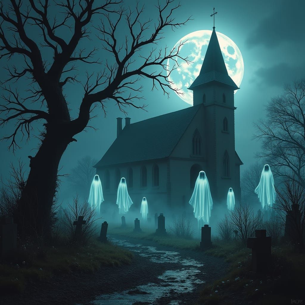Eerie Church and Cemetery with Ghosts in Surreal Style