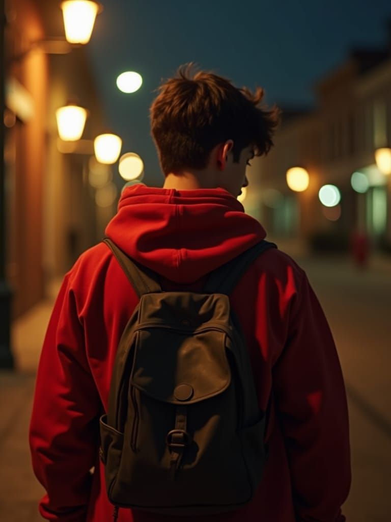 Boy in Red Hoodie Walks to School: Cinematic Portrait