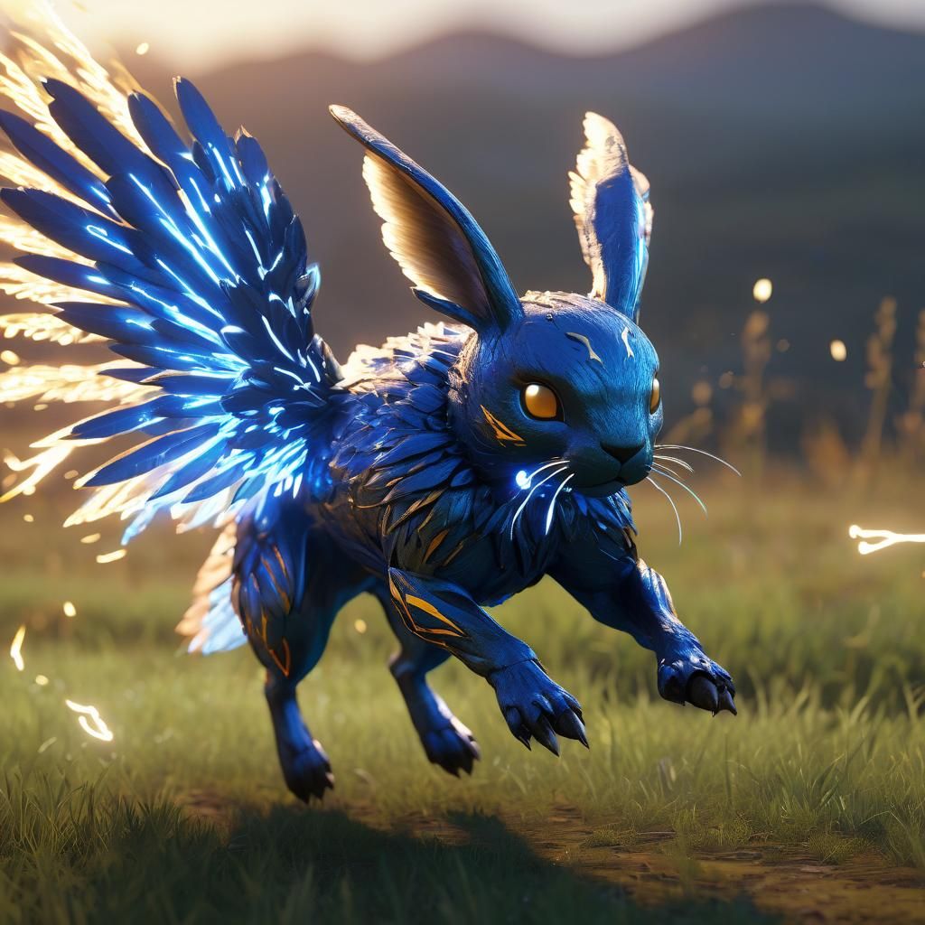 Electric Winged Rabbit Character in Open Field