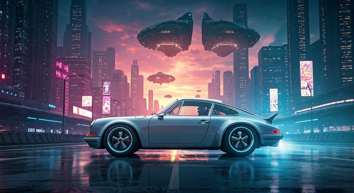 Neon Porsche 911 in Dystopian Cityscape