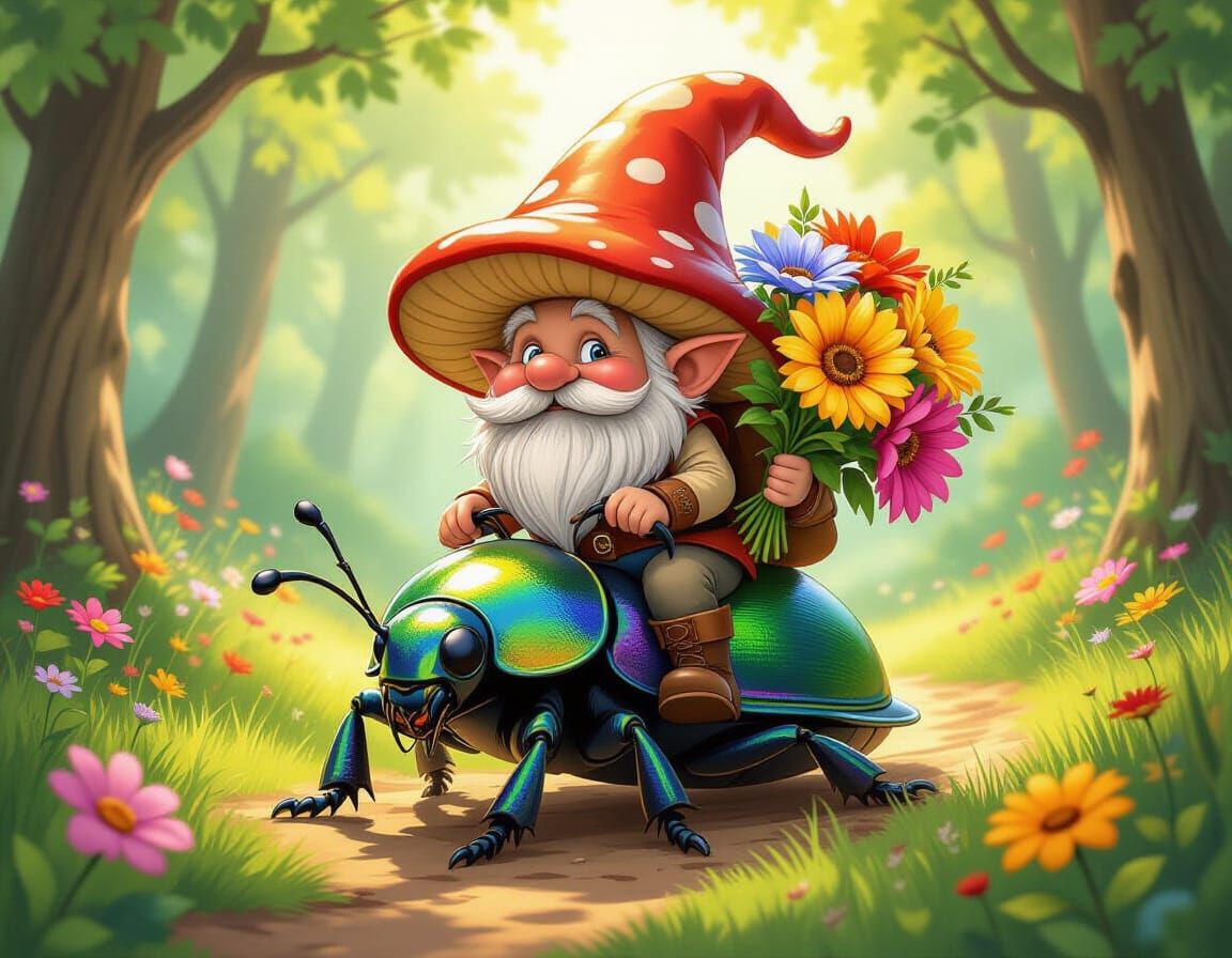 Whimsical Gnome Rides Iridescent Beetle in Storybook Forest