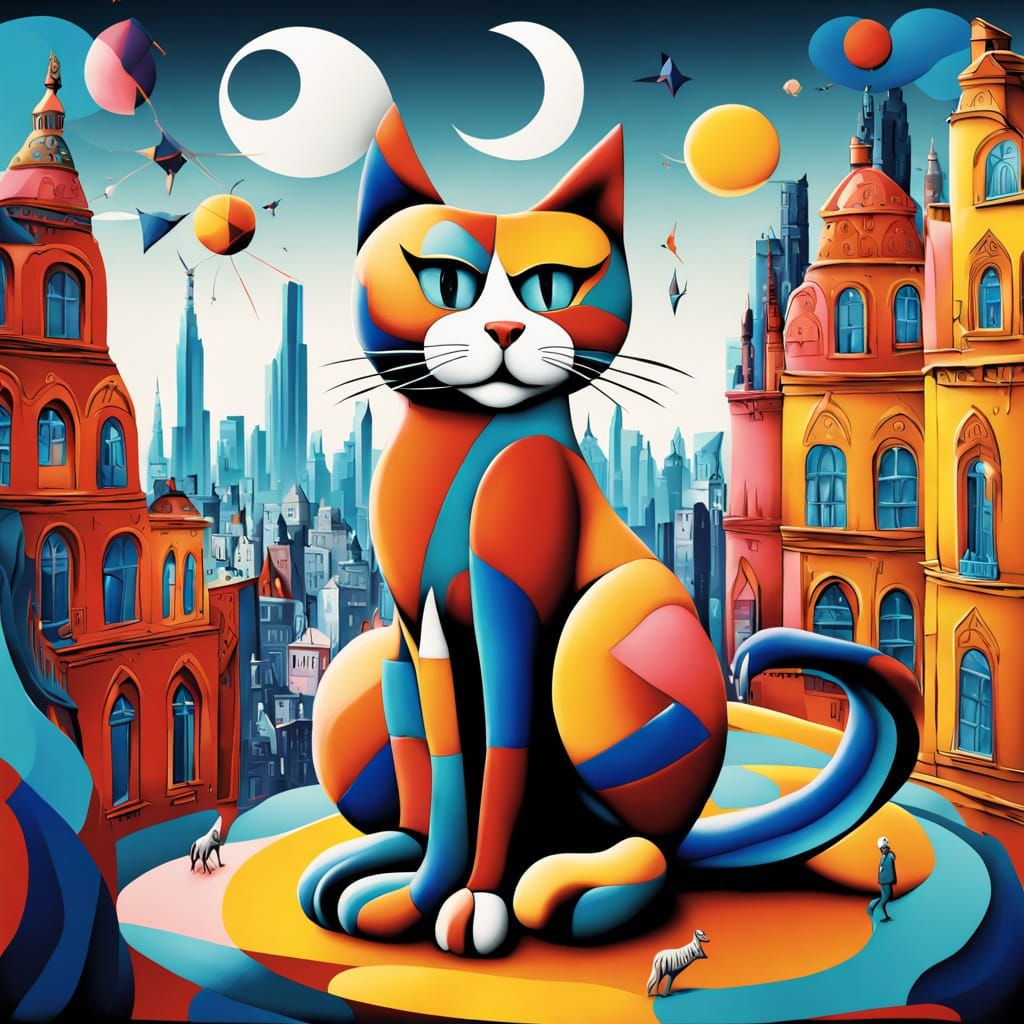 Giant Cat in Surreal Cityscape with Geometric Patterns